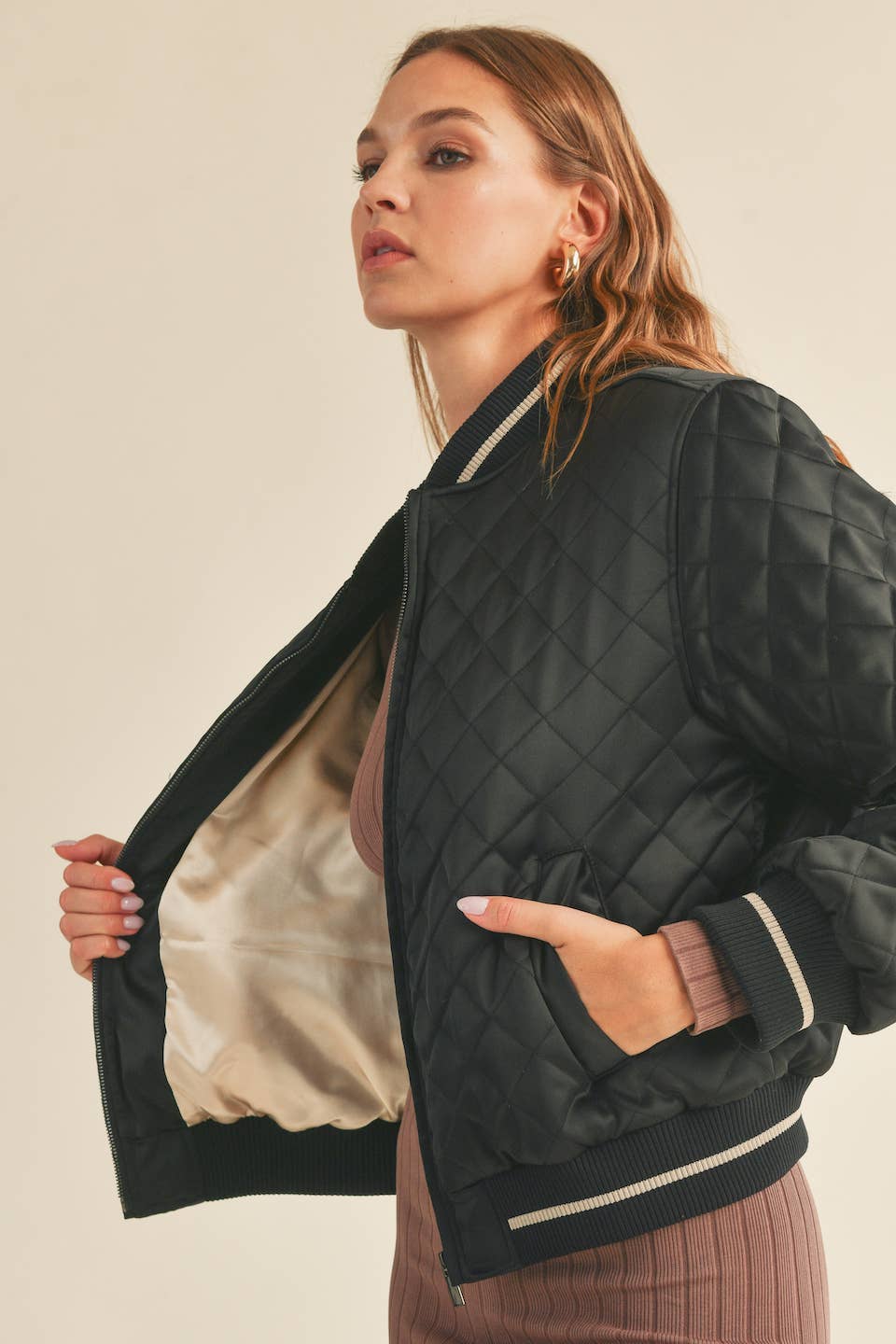 Harper Black Quilted Bomber Jacket: Black