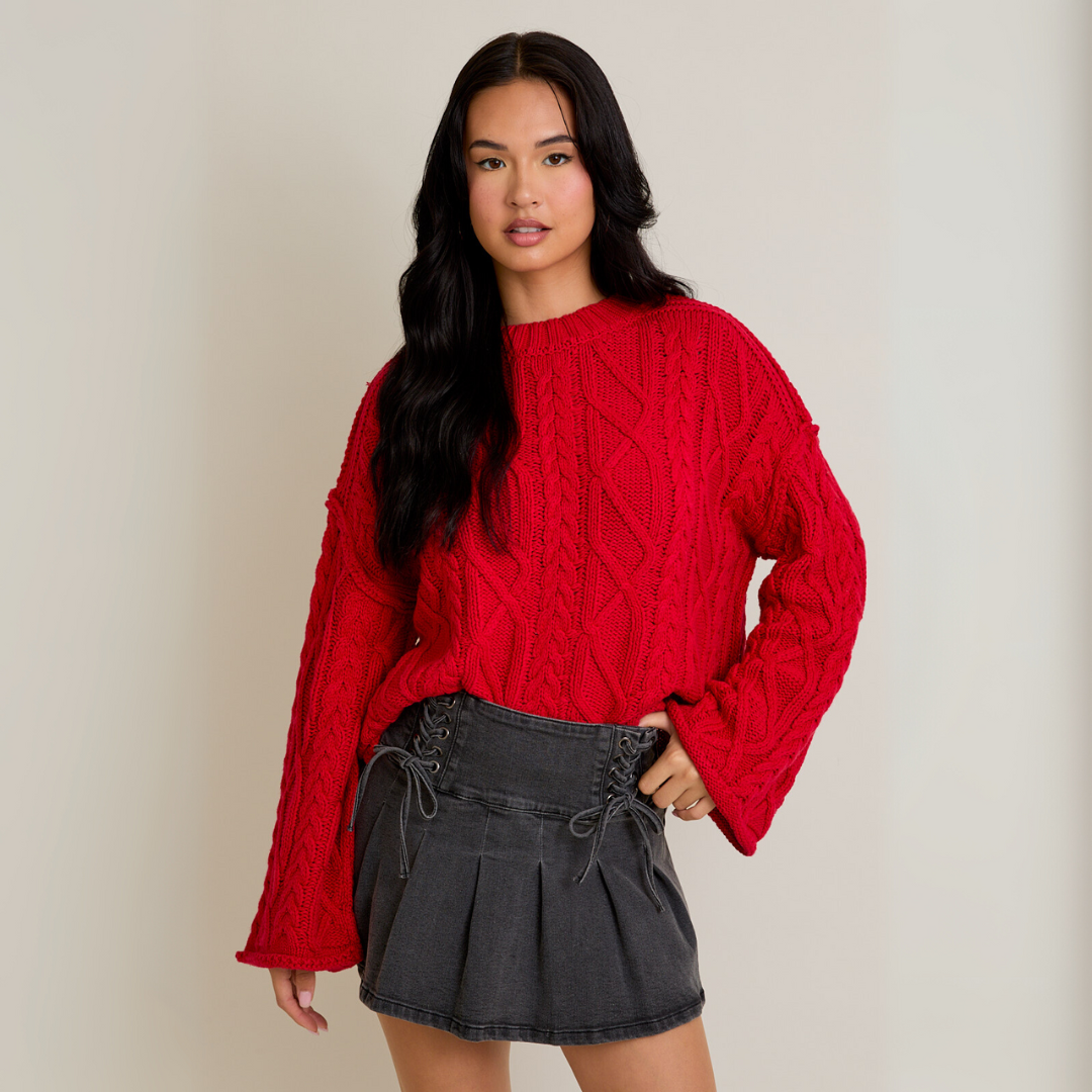 Ruby Cable Knit Sweater: Red