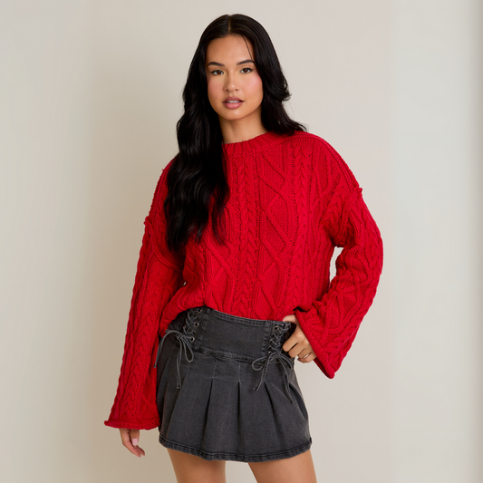 Ruby Cable Knit Sweater: Red