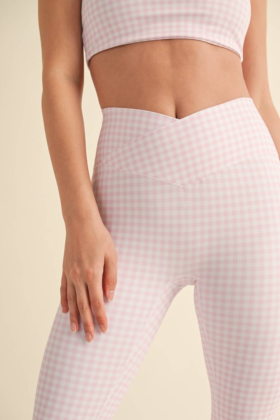 Layla Crossover Yoga Pants: Pink Gingham