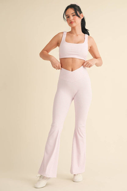 Layla Crossover Yoga Pants: Pink Gingham