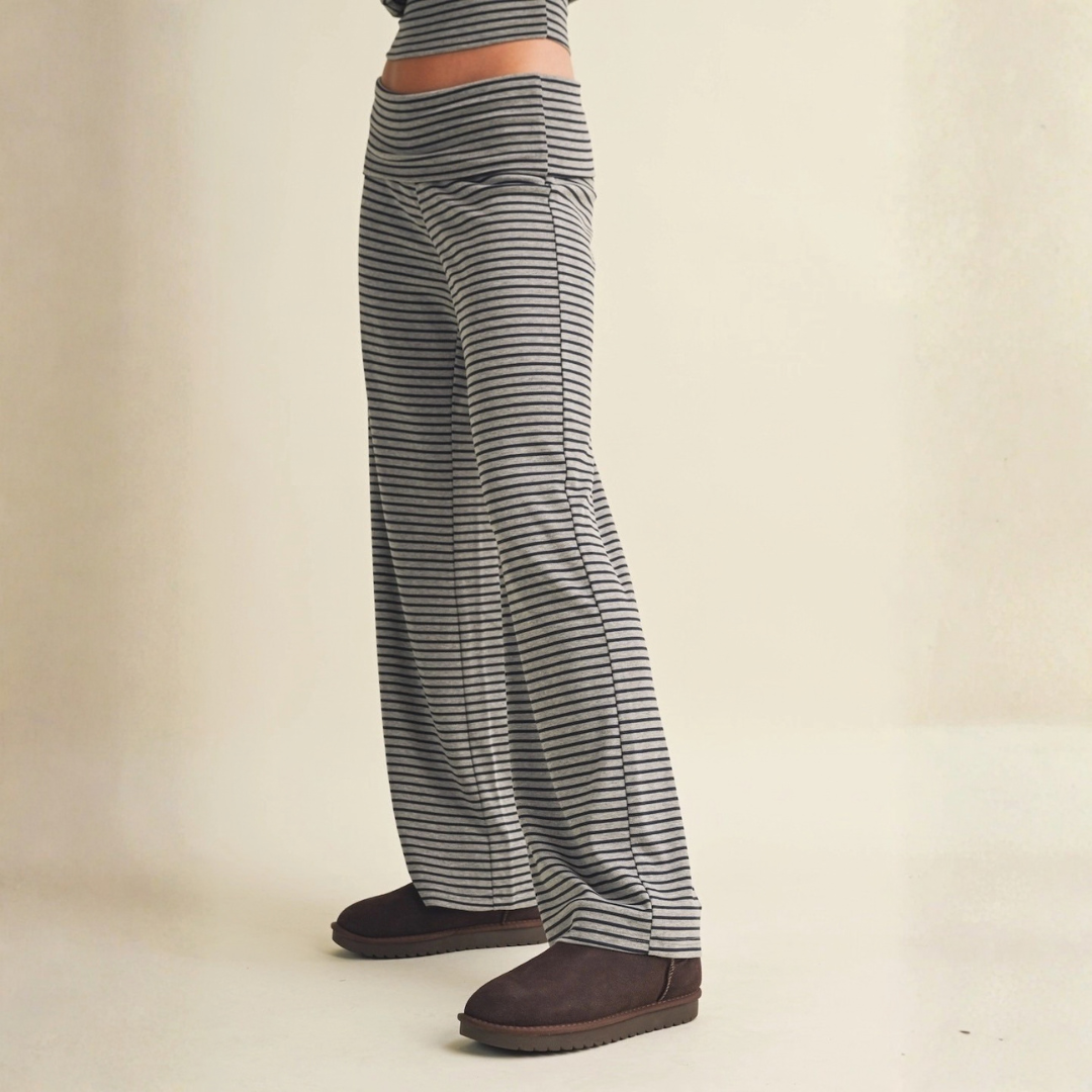 Casey Striped Relaxed Foldover Pants: Heather Navy