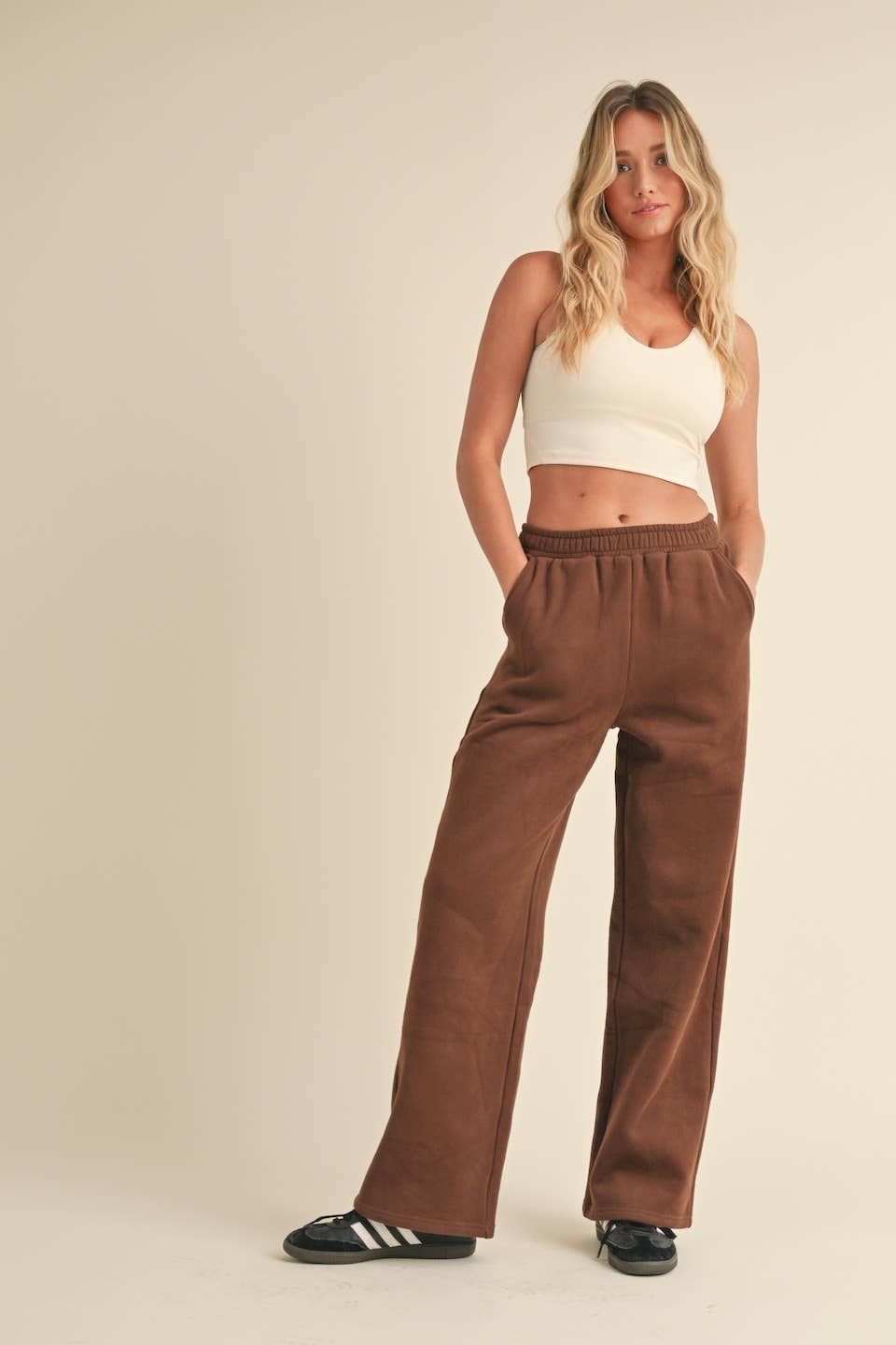 Laura Cozy Fleece Wide Leg Sweats: Chocolate