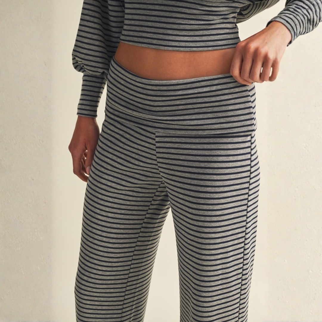 Casey Striped Relaxed Foldover Pants: Heather Navy