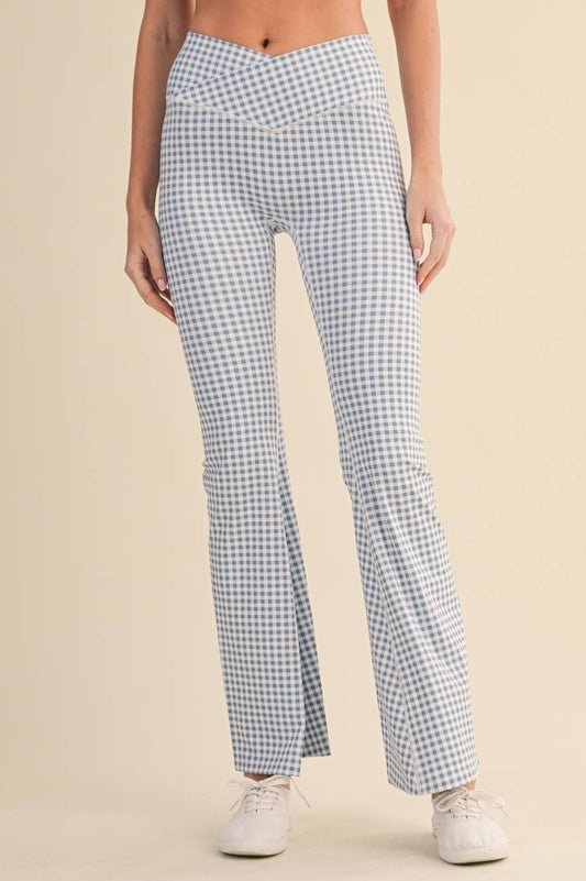 Layla Crossover Yoga Pants: Dusty Blue Gingham