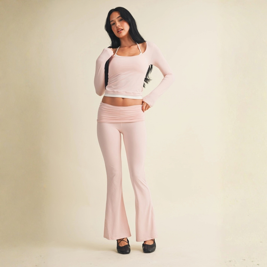 Mariah Soft Knit Double Layered Long Sleeve Top: Pink