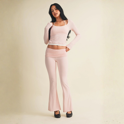 Mariah Soft Knit Double Layered Long Sleeve Top: Pink