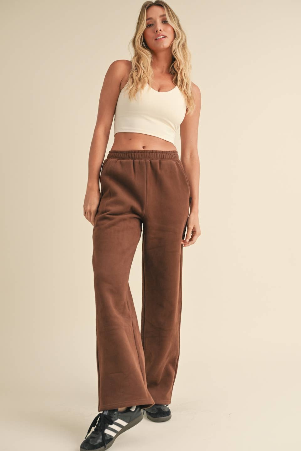 Laura Cozy Fleece Wide Leg Sweats: Chocolate