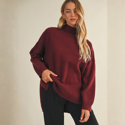 Brooklyn Mock Neck Sweater: Dark Cherry