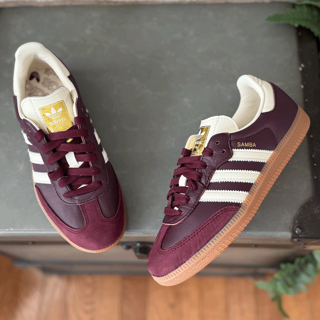 adidas Samba OG Maroon Gold Metallic Women's Lilac Blonde adidas Samba OG Maroon Gold Metallic Women's Lilac Blonde