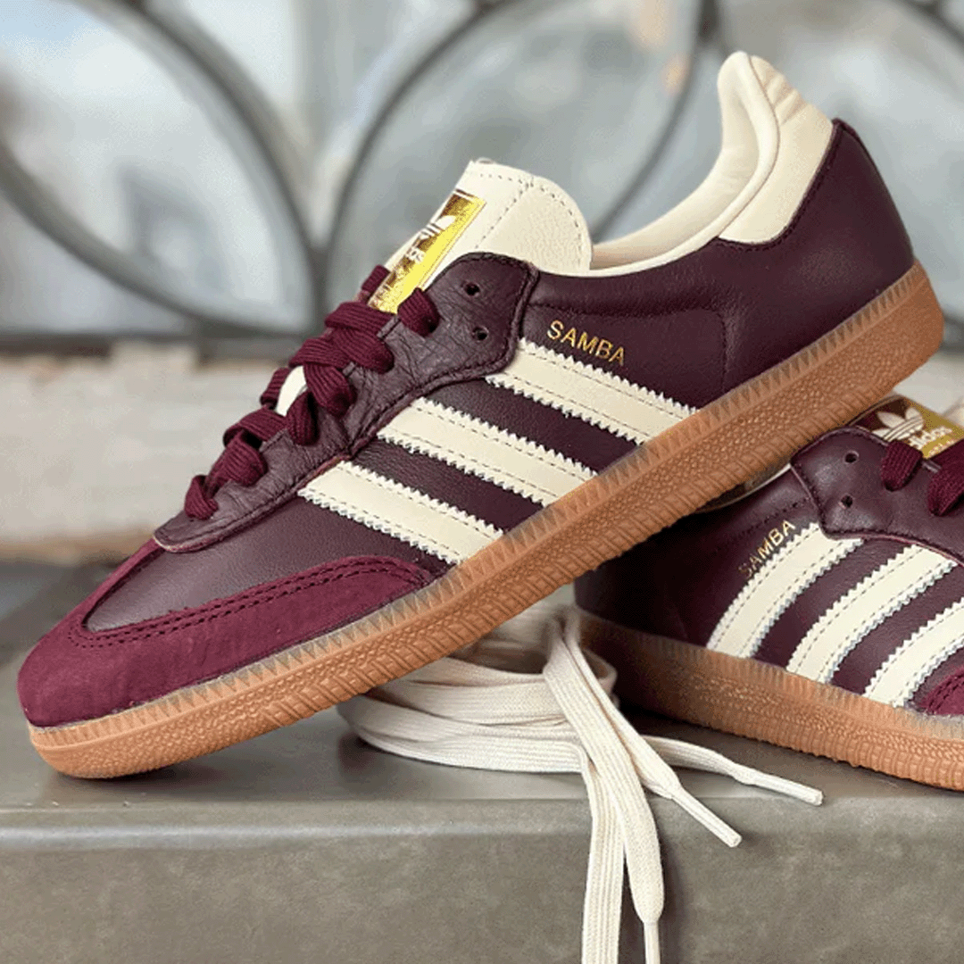 adidas Samba OG Maroon Gold Metallic Women's Lilac Blonde adidas Samba OG Maroon Gold Metallic Women's Lilac Blonde