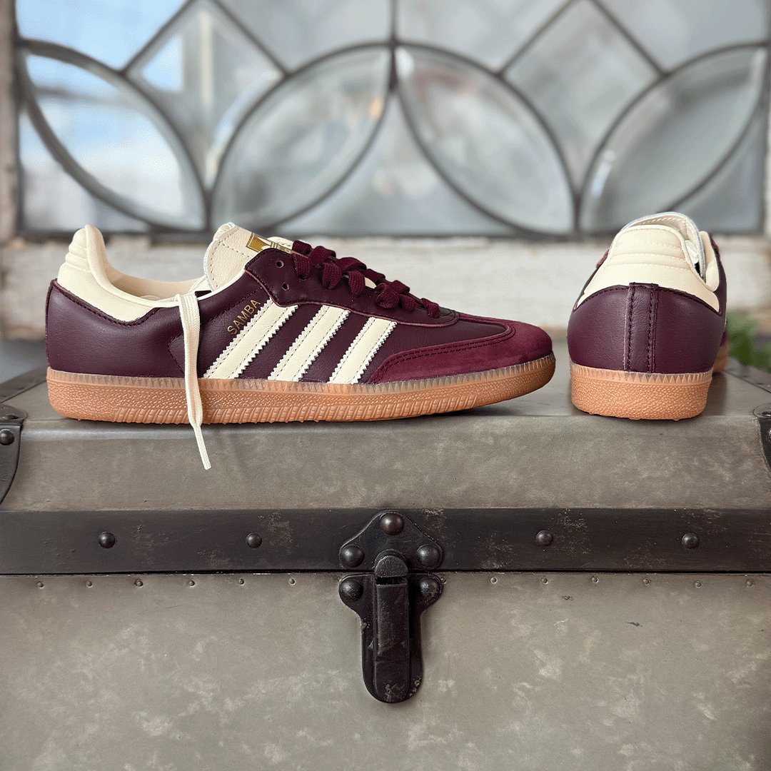 adidas Samba OG Maroon Gold Metallic Women's Lilac Blonde adidas Samba OG Maroon Gold Metallic Women's Lilac Blonde