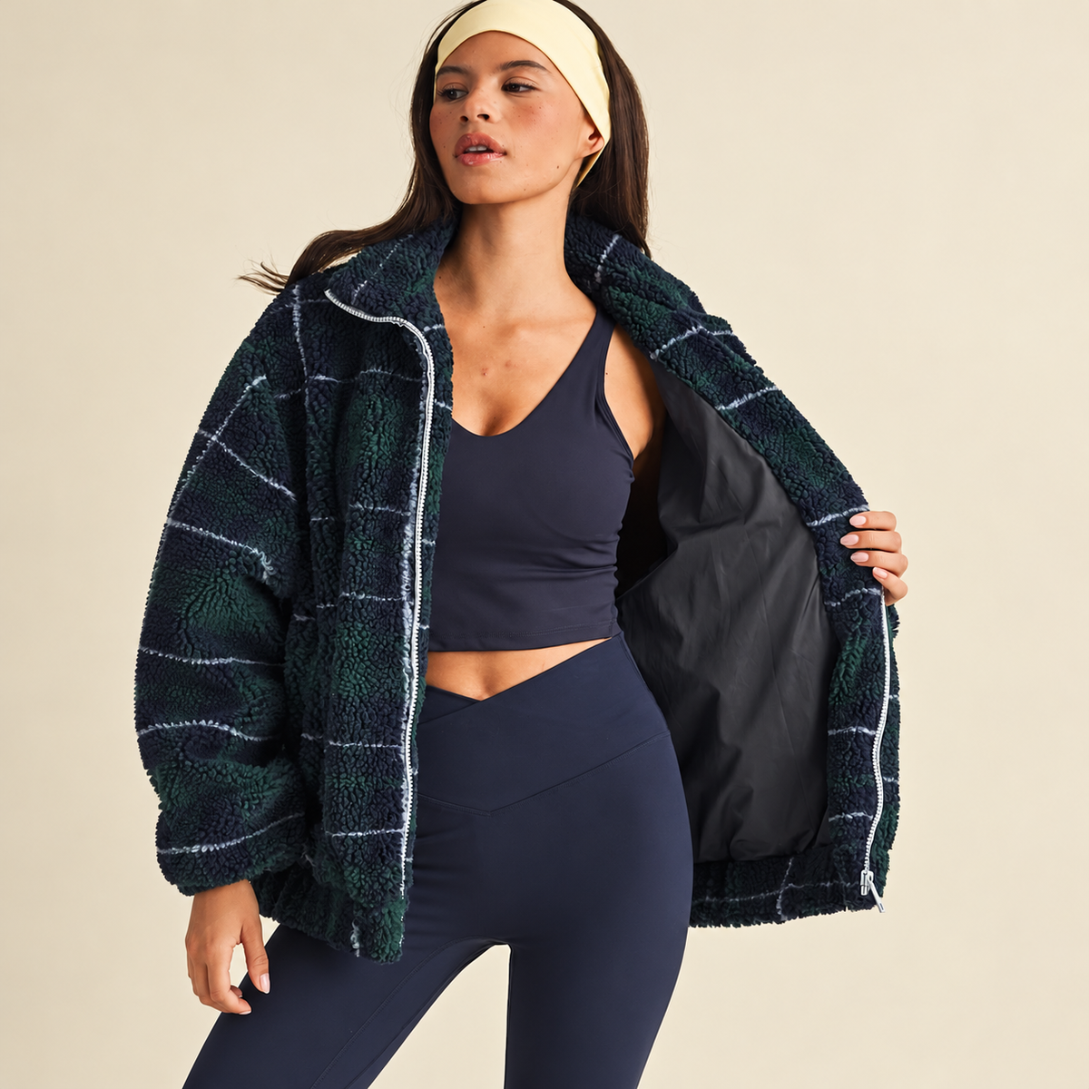 Emme Contrast Binding Full Zip Sherpa Jacket: Plaid