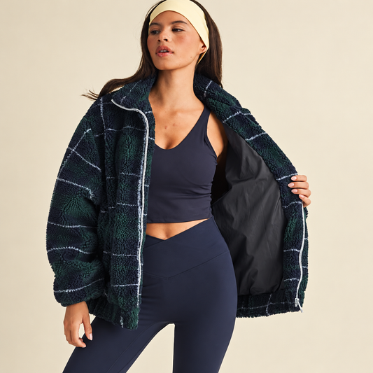 Emme Contrast Binding Full Zip Sherpa Jacket: Plaid