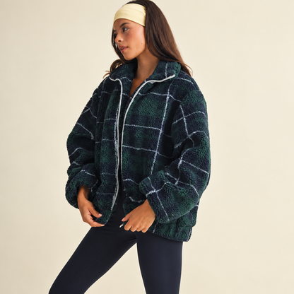 Emme Contrast Binding Full Zip Sherpa Jacket: Plaid