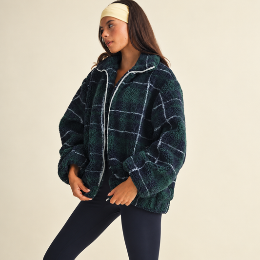 Emme Contrast Binding Full Zip Sherpa Jacket: Plaid