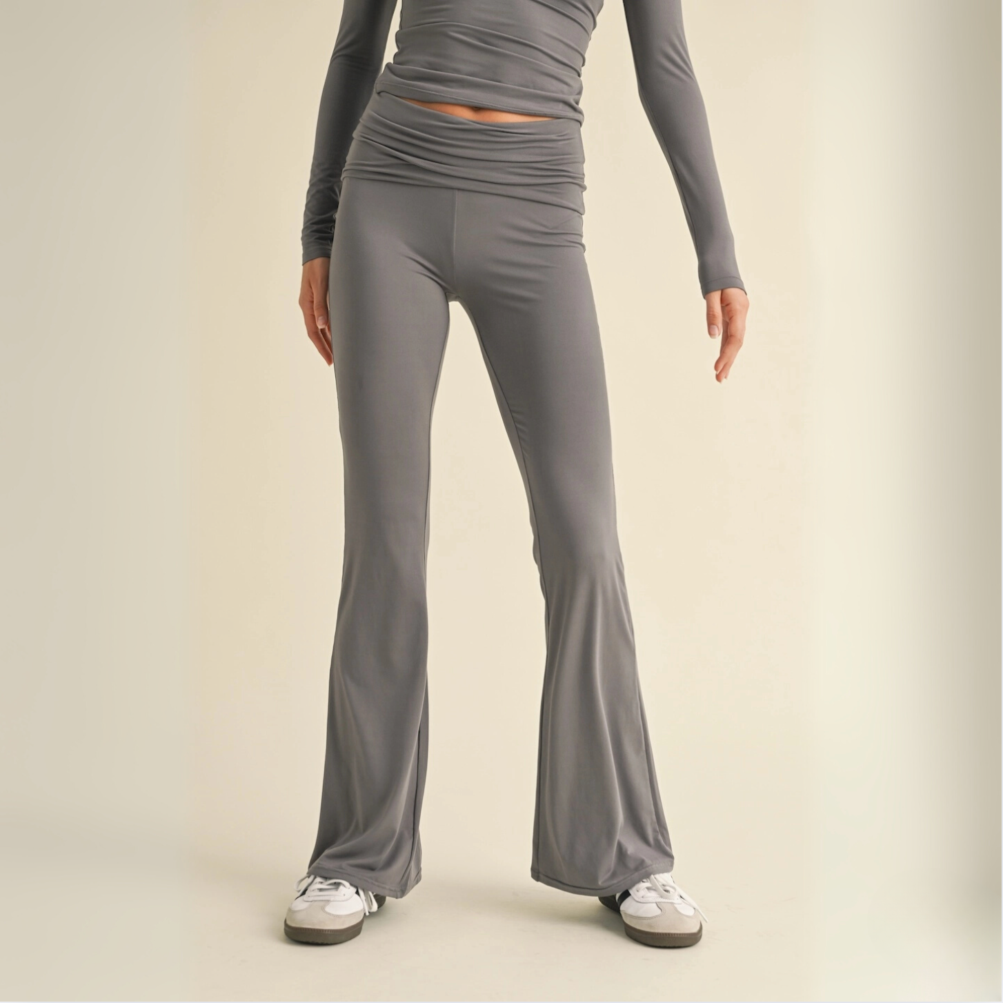 Tessa Soft Knit Foldover Flare Pants: Charcoal
