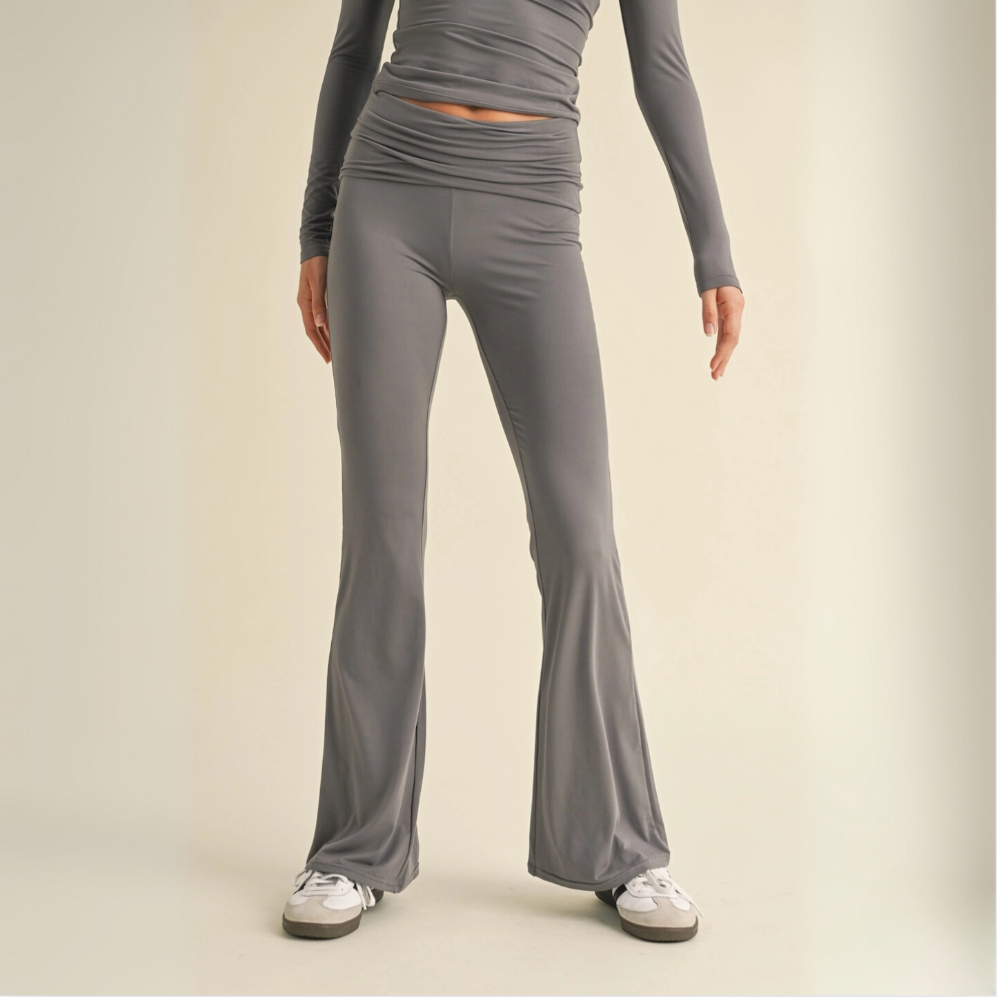 Tessa Soft Knit Foldover Flare Pants: Charcoal