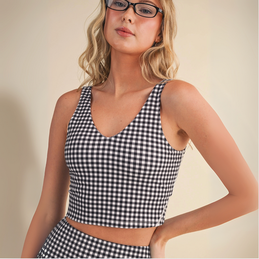 Lucinda Cropped Tank Top: Black Gingham
