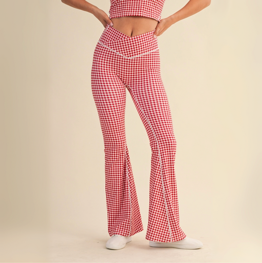 Layla Crossover Yoga Pants: Red Gingham