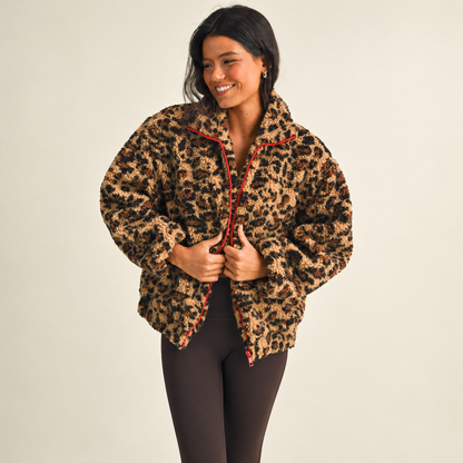 Emme Contrast Binding Full Zip Sherpa Jacket: Leopard