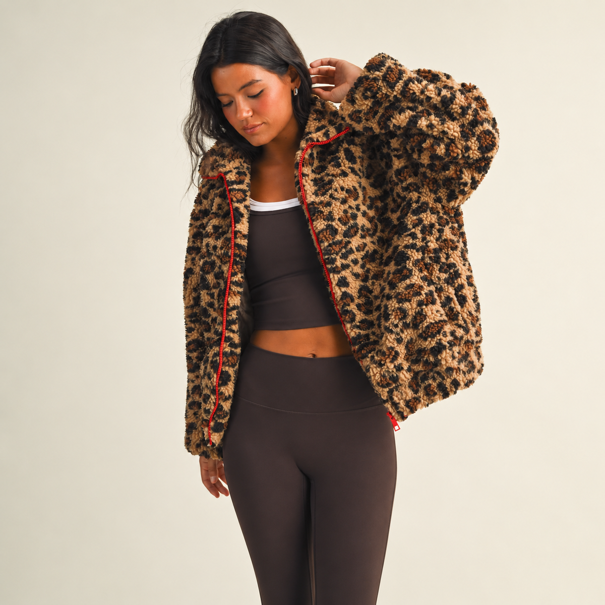 Emme Contrast Binding Full Zip Sherpa Jacket: Leopard