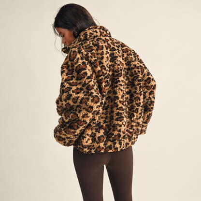 Emme Contrast Binding Full Zip Sherpa Jacket: Leopard