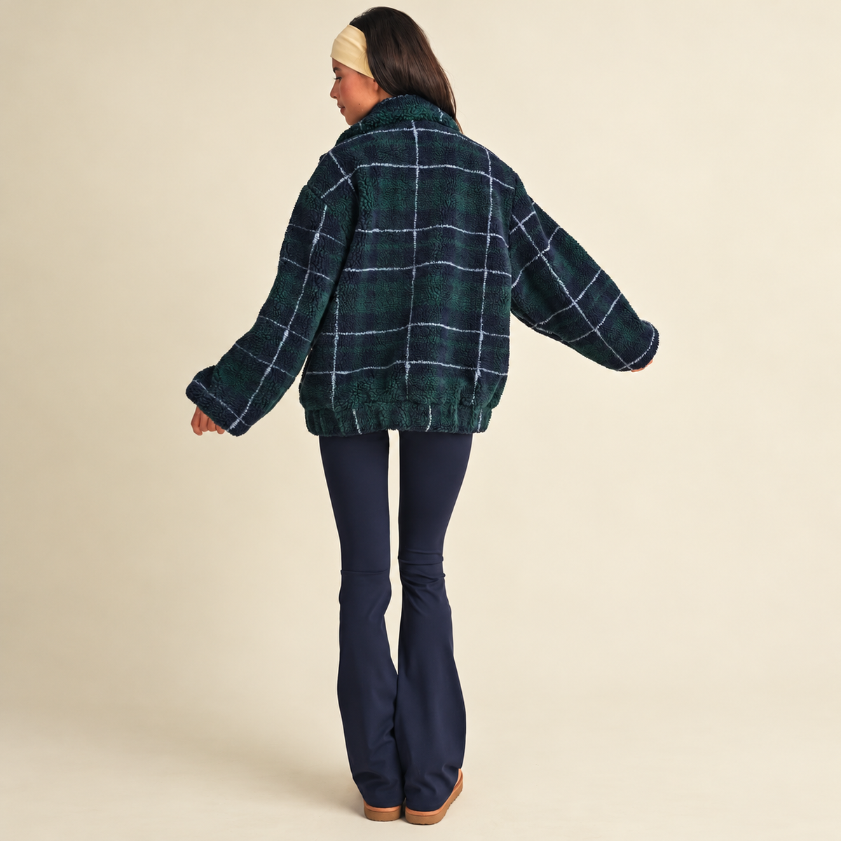 Emme Contrast Binding Full Zip Sherpa Jacket: Plaid
