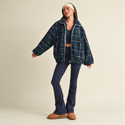 Emme Contrast Binding Full Zip Sherpa Jacket: Plaid