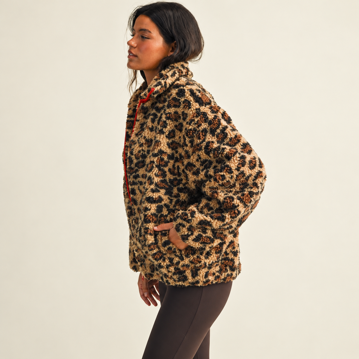 Emme Contrast Binding Full Zip Sherpa Jacket: Leopard