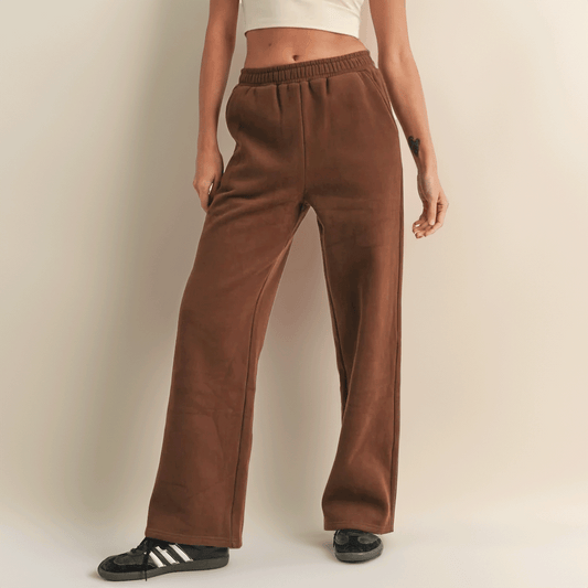 Laura Cozy Fleece Wide Leg Sweats: Chocolate