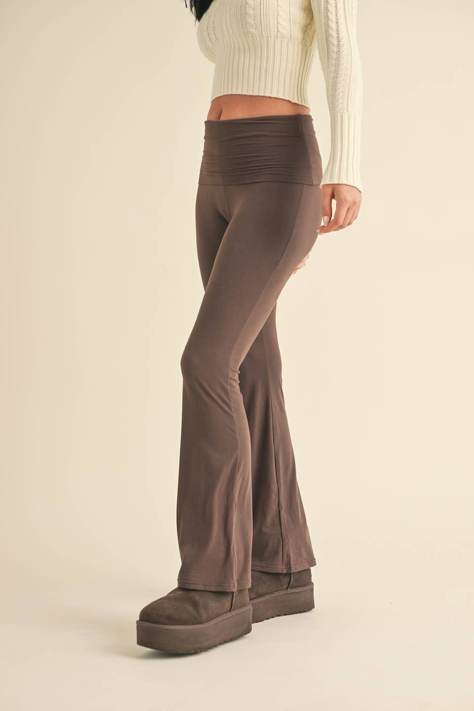 Tessa Soft Knit Foldover Yoga Pants: Chocolate