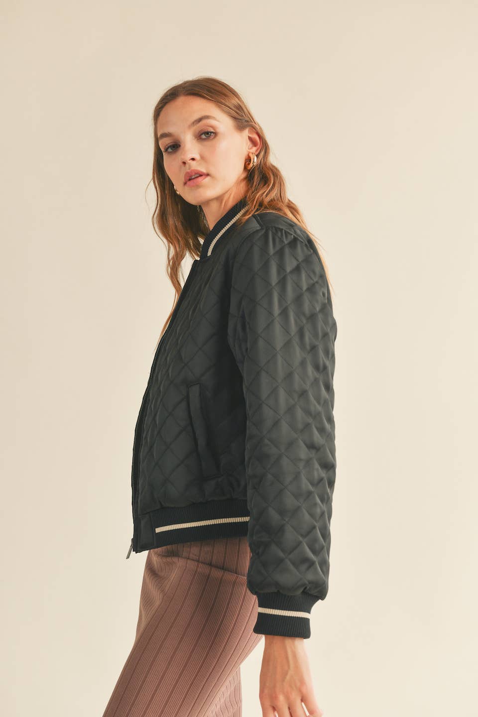 Harper Black Quilted Bomber Jacket: Black