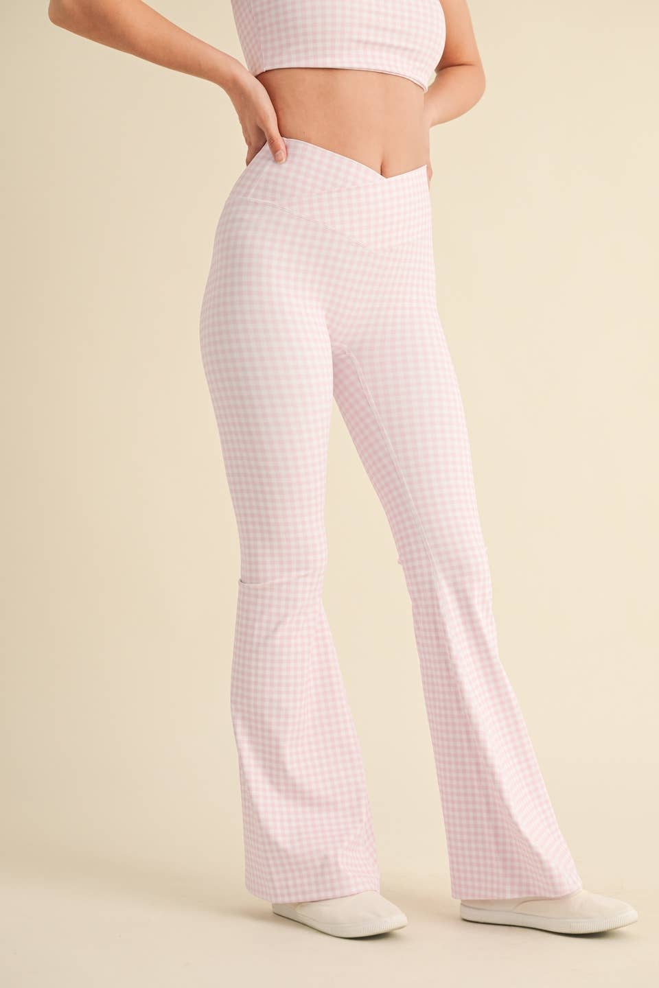 Layla Crossover Yoga Pants: Pink Gingham