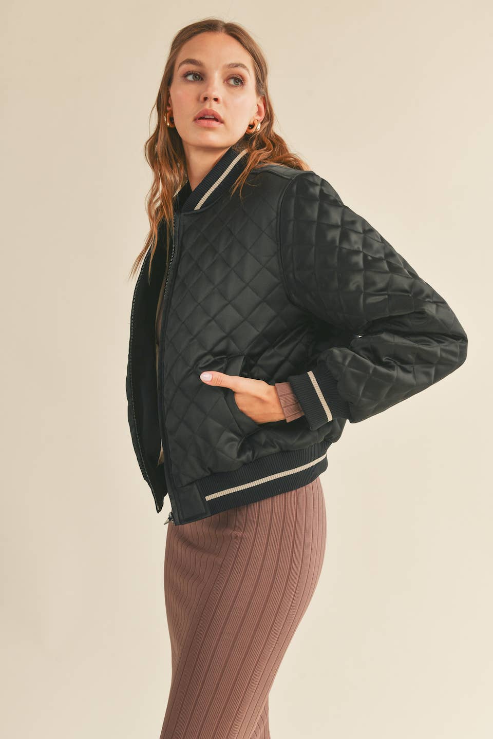 Harper Black Quilted Bomber Jacket: Black