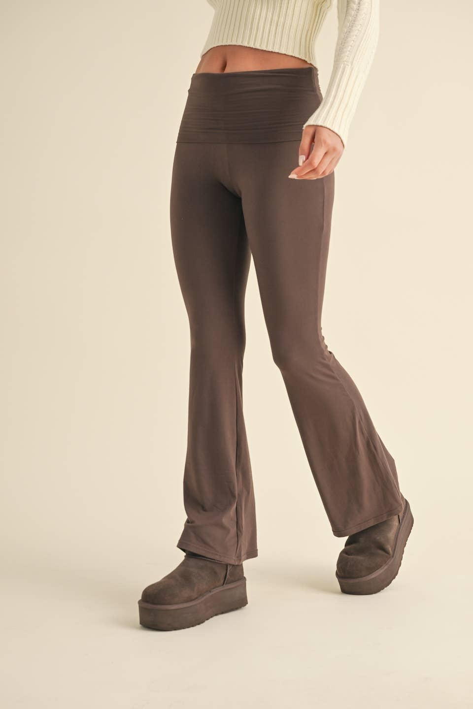 Tessa Soft Knit Foldover Yoga Pants: Chocolate