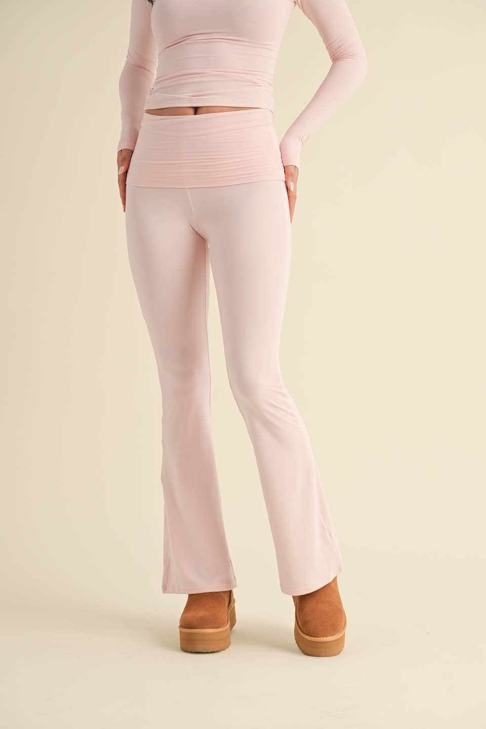 Tessa Soft Knit Foldover Yoga Pants: Baby Pink