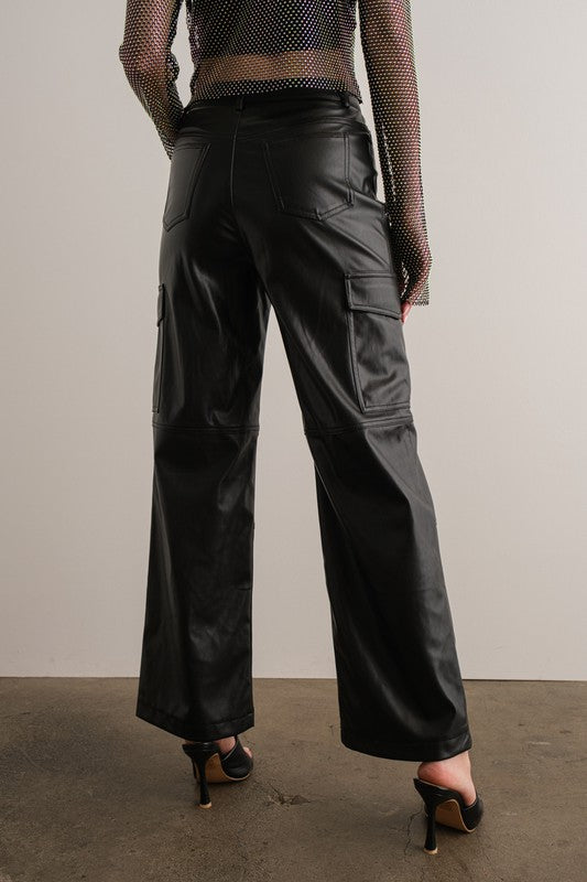 The Amiyah Faux Leather Cargo Pant - Black