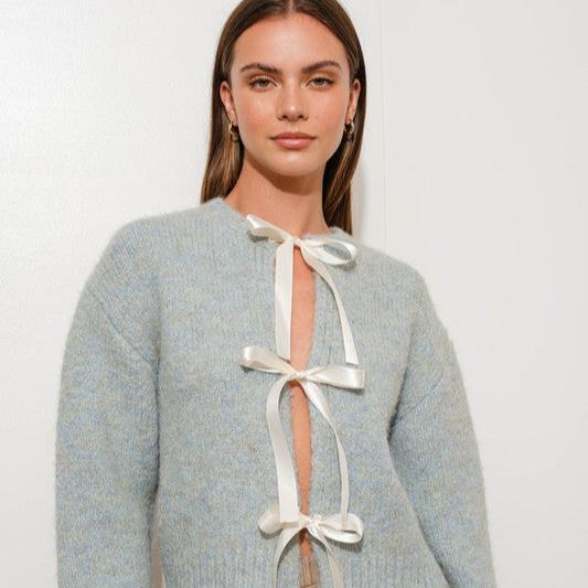 Charlotte Satin Bow Cardigan - Baby Blue